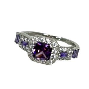 Square Purple Clear Glass Ring Size 10 Silver Tone